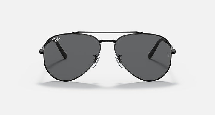 Aviator sunglasses with black frame and dark gray lenses, front view.
