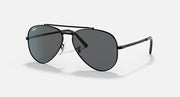 Aviator sunglasses with gold-tone metal frame and blue-tinted dark lenses, angled view.