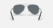 Aviator sunglasses with black-and-silver metal frame and dark gray lenses, front view.