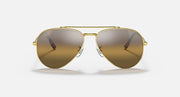 Aviator sunglasses with gold frame and brown mirrored gradient lenses; full front view
