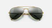 Aviator sunglasses with gold frame and dark green mirrored lenses; symmetrical front view