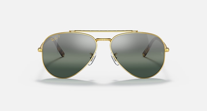 Aviator sunglasses with gold frame and green mirrored gradient lenses; full front view
