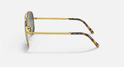Aviator sunglasses with gold frame and tortoiseshell-pattern temples; green lens tint