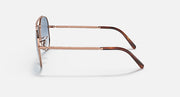 Rose gold aviator sunglasses with blue lenses; side view shows tortoise temple tips