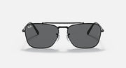 Black full-rim sunglasses with dark grey lenses and small logo on the temple