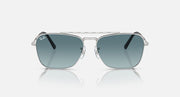 Ray-Ban Caravan sunglasses, silver metal frame with dark teal lenses and bridge detail