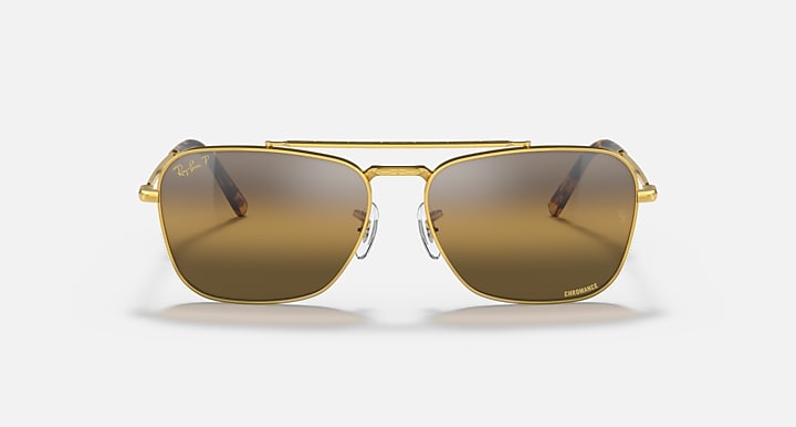 Caravan-style sunglasses, gold frame with dark brown gradient square lenses