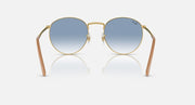Gold-tone round sunglasses with blue gradient lenses, front view and symmetrical arms
