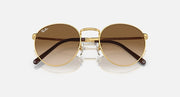 Gold-tone round sunglasses with brown gradient lenses and dark bar across the top