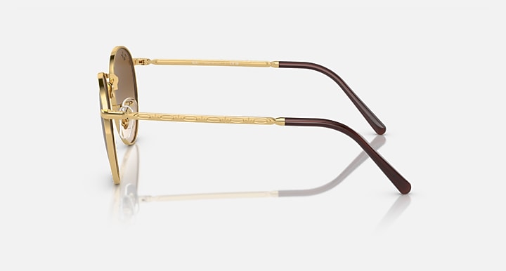 Gold-tone round sunglasses side view with brown gradient lenses and dark temple tips