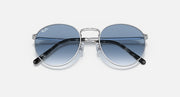 Ray-Ban round sunglasses angled front with blue gradient lenses and dark temple accents