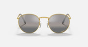 Round gold metal sunglasses, front view, dark gray gradient tinted lenses