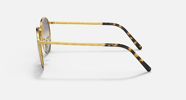 Round gold metal sunglasses side profile with dark tortoiseshell-pattern temple arms