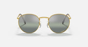 Round gold metal sunglasses front view with dark gray gradient lenses and visible hinges