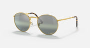 Round gold metal sunglasses angled front view with dark gray gradient lenses