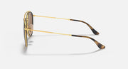 Gold metal round sunglasses with brown patterned temple tips and double bridge.