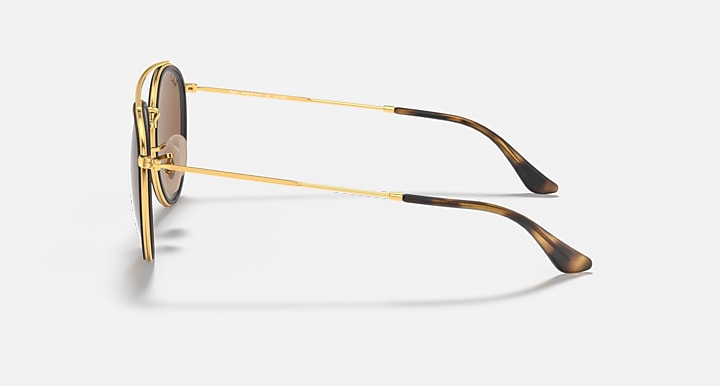 Gold metal round sunglasses with brown patterned temple tips and double bridge.