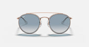 Round metal sunglasses with rose-gold frame and blue mirrored lenses, front view