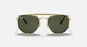 Gold hexagonal sunglasses with dark green lenses, front view with bridge detail
