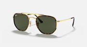 Gold hexagonal sunglasses with dark green lenses and thin metal temples, full rim