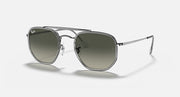 Gunmetal hexagonal sunglasses with dark gray-green lenses and thin metal temples, full rim