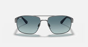 Sunglasses with gunmetal frame and blue-tinted lenses, straight front and metal temples