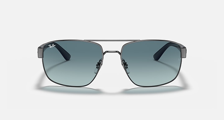 Sunglasses with gunmetal frame and blue-tinted lenses, straight front and metal temples