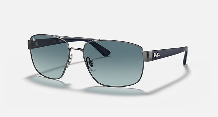 Sunglasses with gunmetal rectangular frame and blue-gradient lenses, metal temples