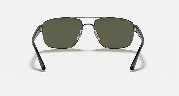 Ray-Ban rectangular sunglasses with green lenses and dark glossy metal frame, front