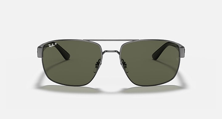 Ray-Ban rectangular sunglasses with green tinted lenses and black metal bridge