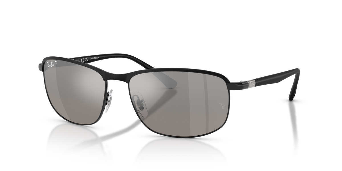 Ray-Ban RB3671CH sunglasses with dark gray mirrored lenses, black frame, polarized