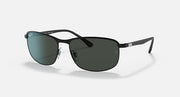 Polarized sunglasses with dark lenses and black frame, angled side view.