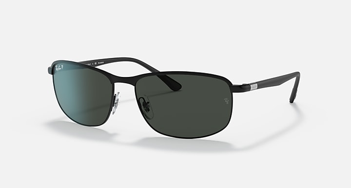 Polarized sunglasses with dark lenses and black frame, angled side view.