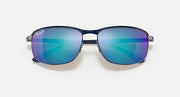 Polarized sunglasses with blue mirrored lenses and dark frame, front view.