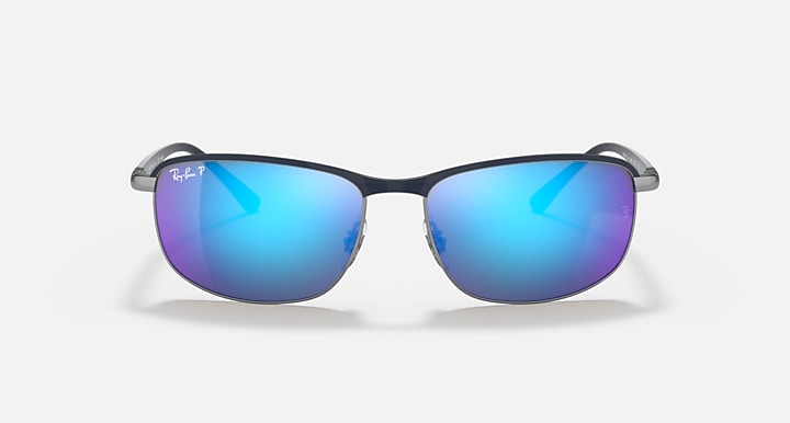 Polarized sunglasses with blue mirrored lenses and dark frame, front view.