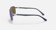 Polarized sunglasses with blue-purple tinted lenses and dark frame, side profile.