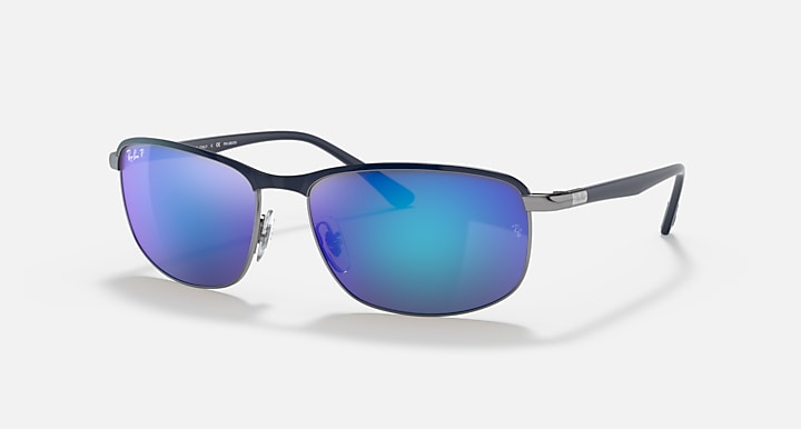 Polarized sunglasses with blue mirrored lenses and dark frame, angled side view.