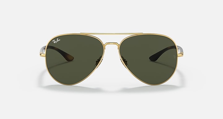 Ray-Ban aviator sunglasses with gold frame and olive-green lenses, front view