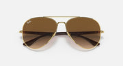Ray-Ban aviator sunglasses with gold frame and dark brown lenses, front view