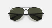 Ray-Ban aviator sunglasses with dark green lenses and dark metal frame, straight on view.