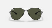 Ray-Ban aviator sunglasses with dark green lenses and dark metal frame, front view.