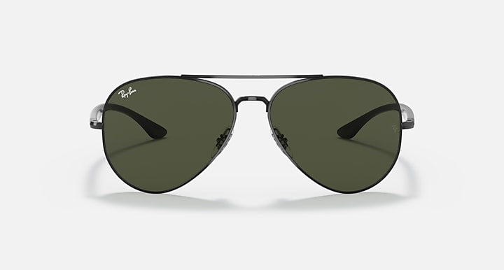Ray-Ban aviator sunglasses with dark green lenses and dark metal frame, front view.