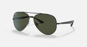 Ray-Ban aviator sunglasses with dark green lenses and dark metal frame, angled side view.