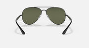 Ray-Ban aviator sunglasses with dark green lenses and dark metal frame, front view with temples visible.