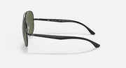Ray-Ban aviator sunglasses with dark green lens and black metal frame, side profile view.