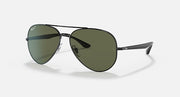Ray-Ban aviator sunglasses with dark green lenses and dark metal frame, angled side view.