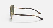 Ray-Ban aviator sunglasses side view, gold frame with dark green lenses and dark temples