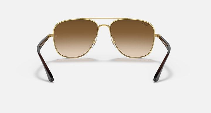 RB3683 aviator sunglasses with gold frame and dark brown lenses