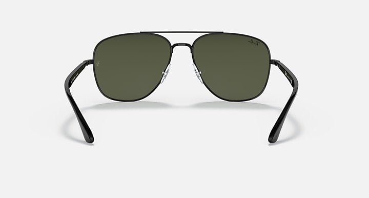 RB3683 aviator sunglasses with black frame and olive green tinted lenses