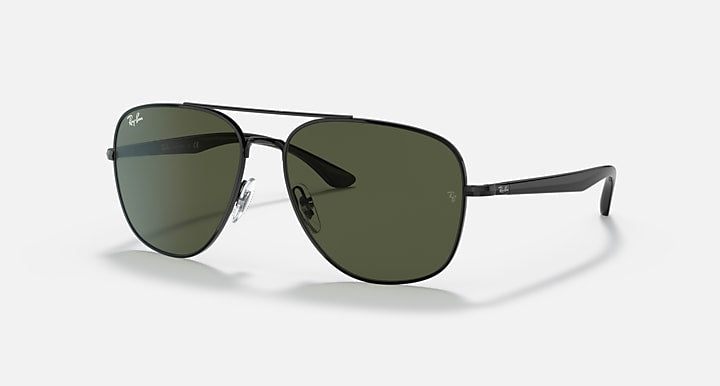 RB3683 aviator sunglasses with black frame and dark green-tinted lenses